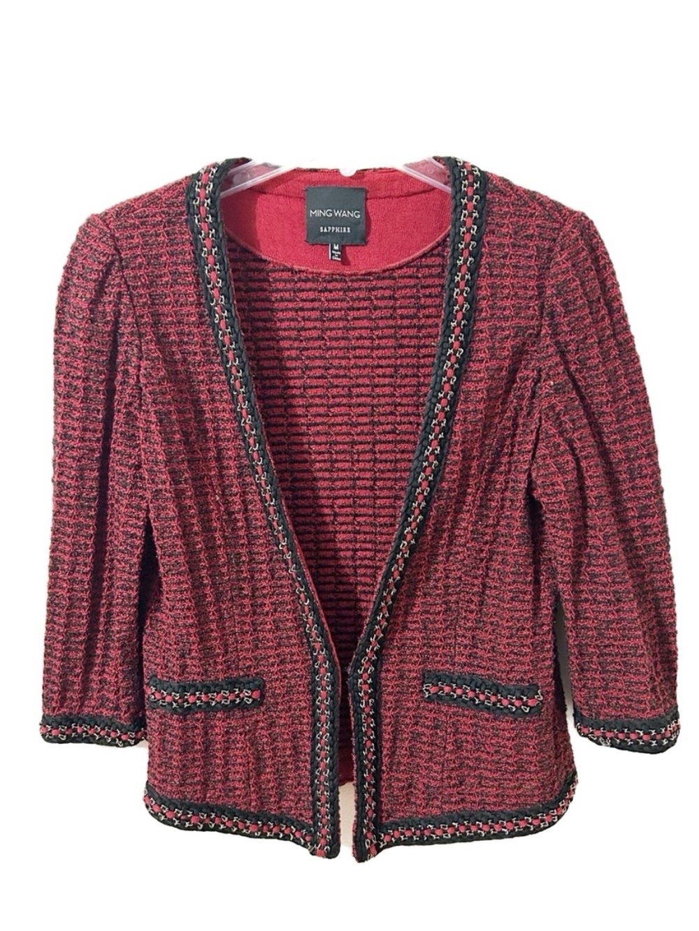 Ming Wang Classic Texture Whipstitch Chain Trim Knit 3/4 Sleeve Cardigan Jacket